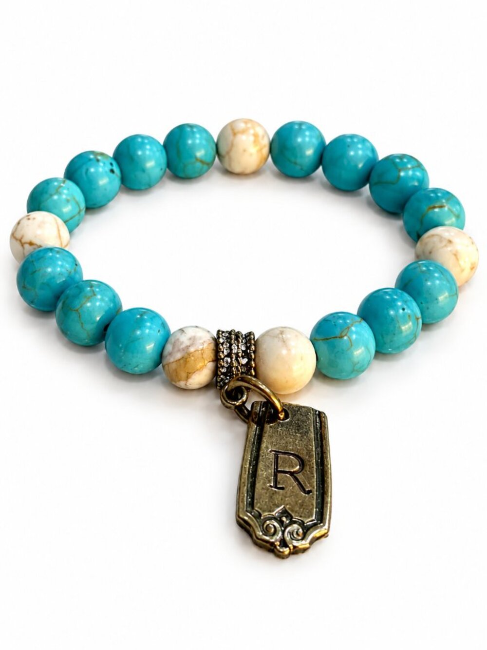Stone Bead Stretch Bracelet “R” Initial Charm
